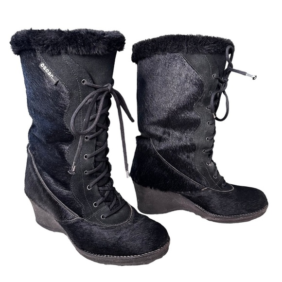 Oscar Sport Black Goat Fur Sherpa Lined Wedge Heel Lace Up Winter Boots Size 38 - Picture 1 of 16